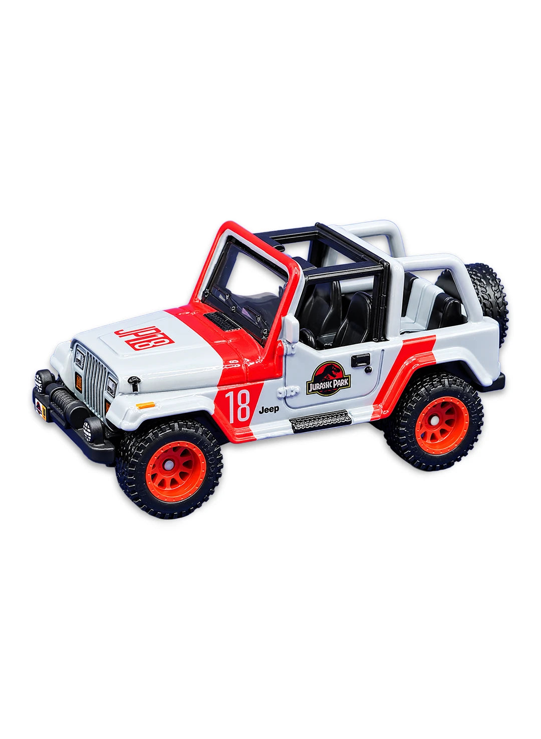 Close-up view of the sand beige and red Hot Wheels Jurassic Park '92 Jeep Wrangler Sahara showing side door logo graphics, number 18 decals, a rear-mounted spare tire, and red-rimmed off-road Real Riders wheels.