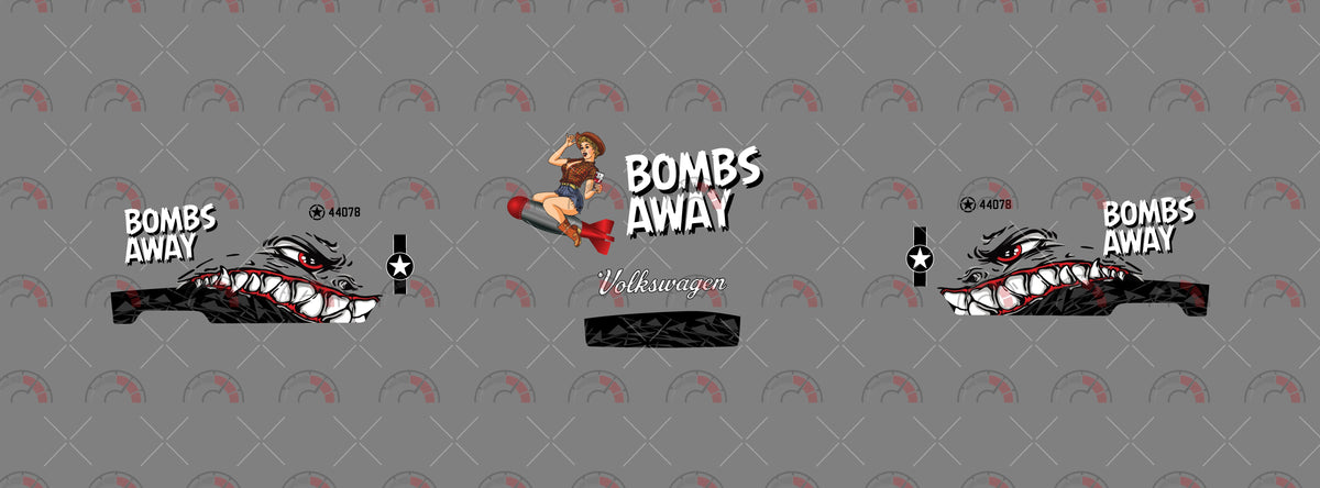 Bomb Away 07 decal sheet for a 1:64 VW Panel Bus, showing paired shark-mouth graphics, white
slogans, pin-up art and Volkswagen script.