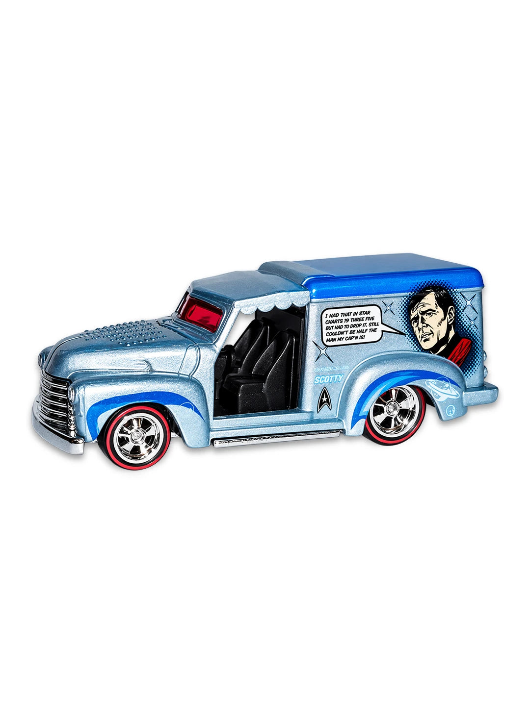 Close-up view of the ice blue Hot Wheels Star Trek Custom '52 Chevy van showing side Scotty graphics and redline Real Riders wheels.