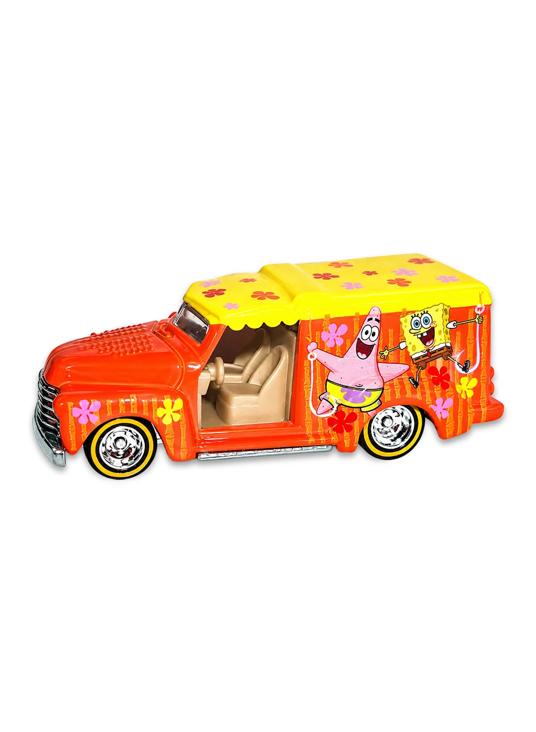 Close-up view of the metallic orange Hot Wheels SpongeBob Custom '52 Chevy panel truck showing yellow awning roof and side character graphics.