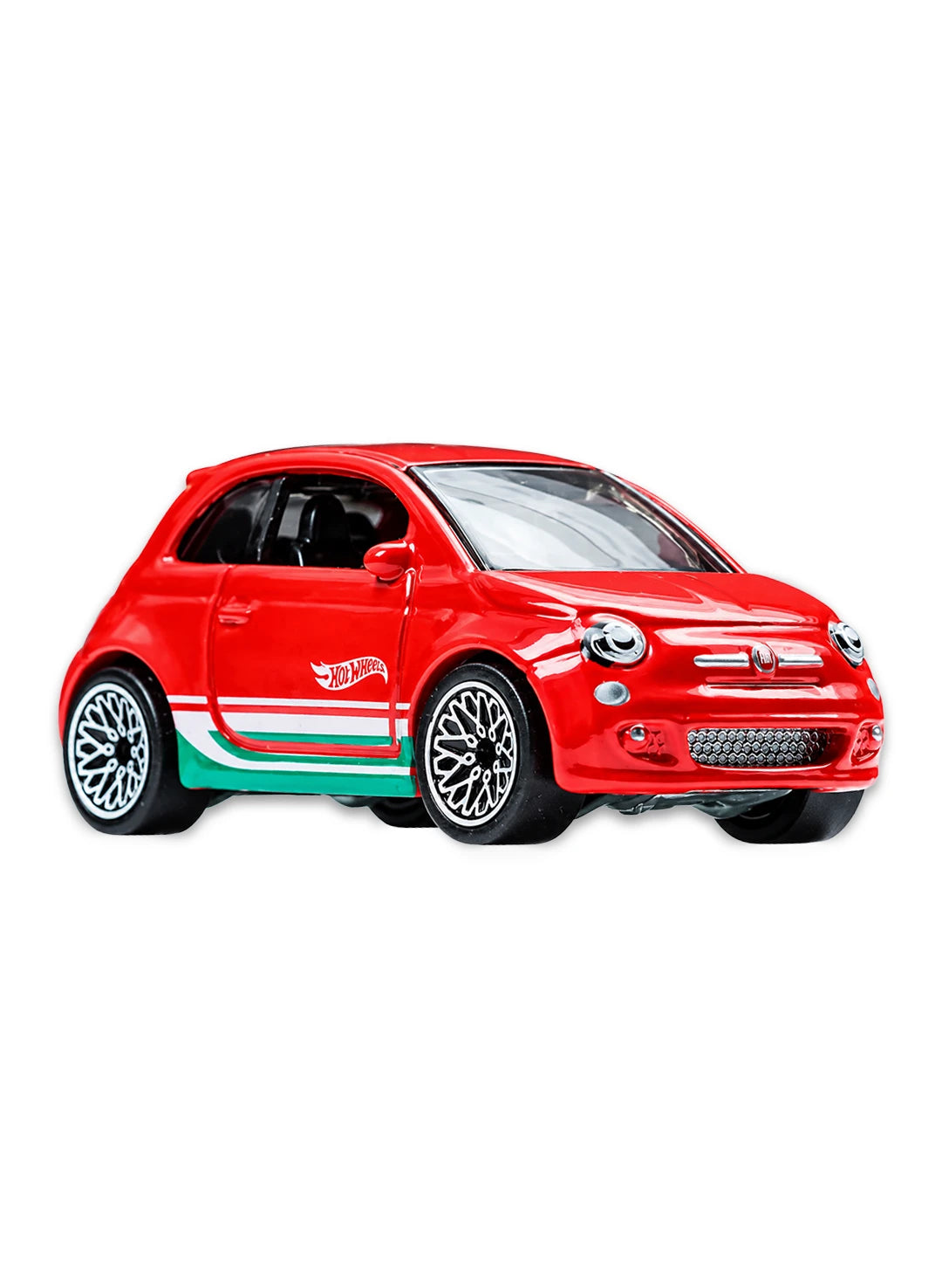 Close-up view of the red Hot Wheels Fiat 500 showing green and white Italian flag side racing stripes, a miniature roof antenna, and silver multi-spoke Real Riders wheels.