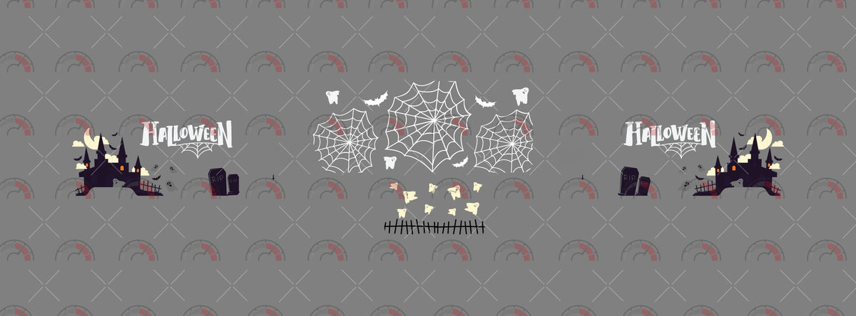 Halloween 01 decal sheet for a 1:64 VW Panel Bus, showing Halloween lettering, castle scenes, white
roof webs, bats, ghosts and black fences.