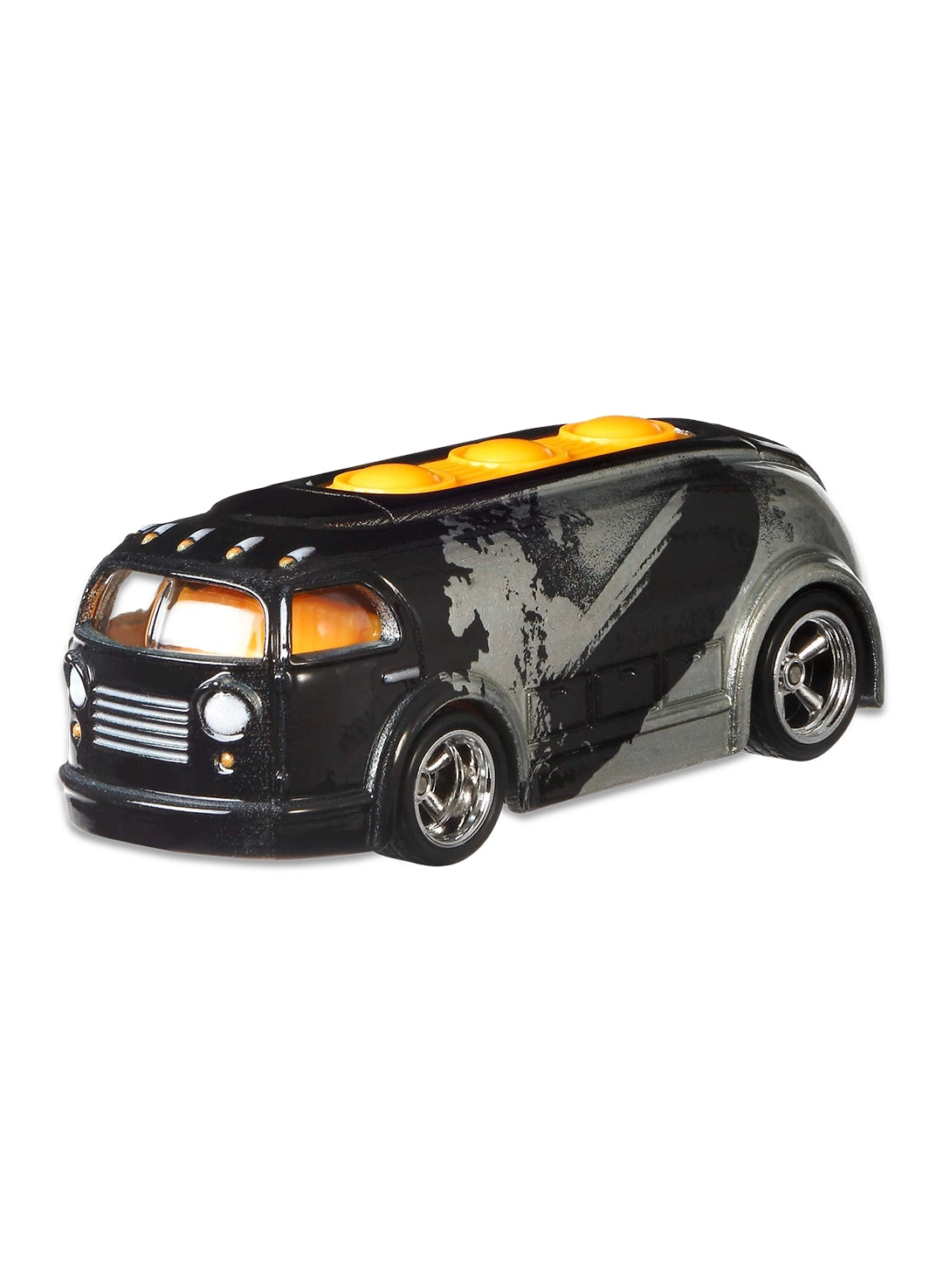 Close-up view of the black and silver Hot Wheels Led Zeppelin I Haulin' Gas truck showing airship graphics and chrome Real Riders wheels.