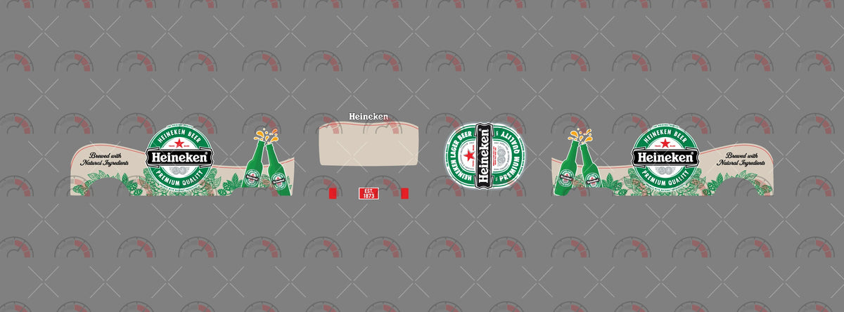 Heineken 03 decal sheet for a 1:64 VW Panel Bus, showing circular star badges, green bottles, leaf
illustrations and rear Heineken lettering