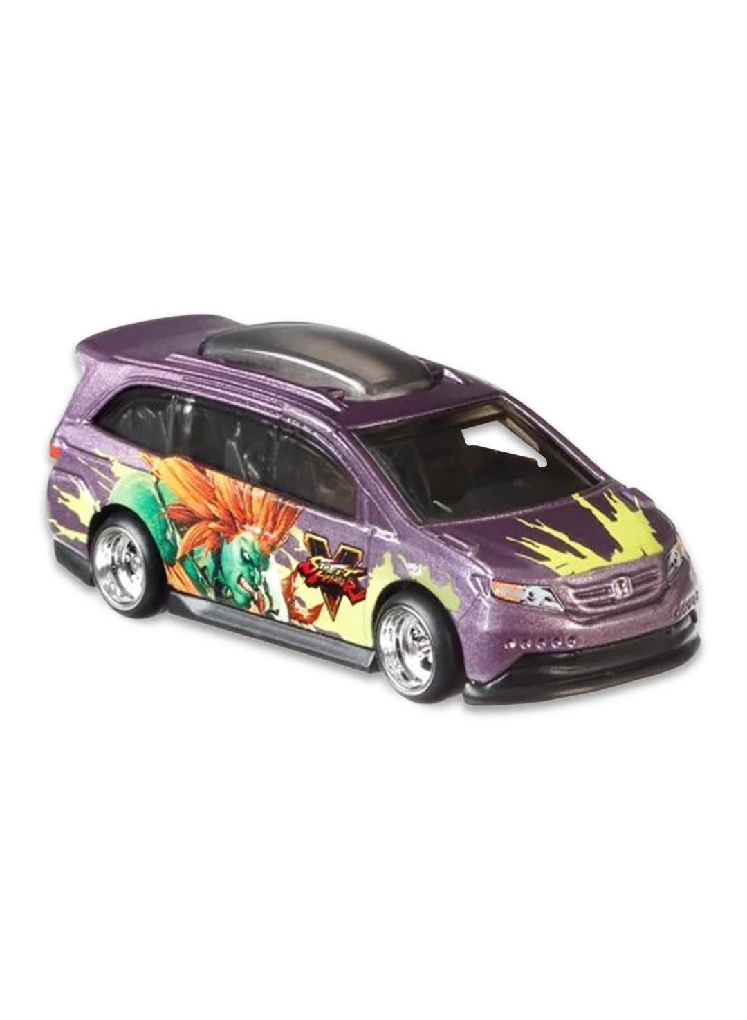 Close-up view of the metallic purple Hot Wheels Blanka Honda Odyssey minivan showing side jungle shock graphics and chrome wheels.