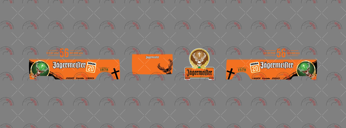 Jagermeister 01 decal sheet for a 1:64 VW Panel Bus, showing orange side and rear graphics, stag
badges and Gothic wordmarks