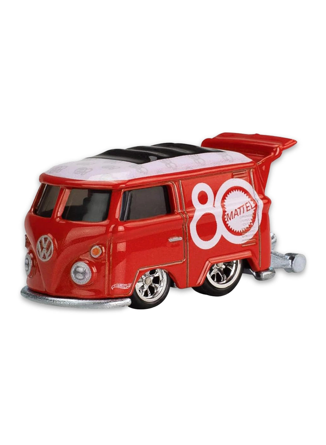 Close-up view of the two-tone red and white Hot Wheels Mattel 80th Anniversary Kool Kombi showing side circular anniversary graphics and chrome Real Riders wheels.