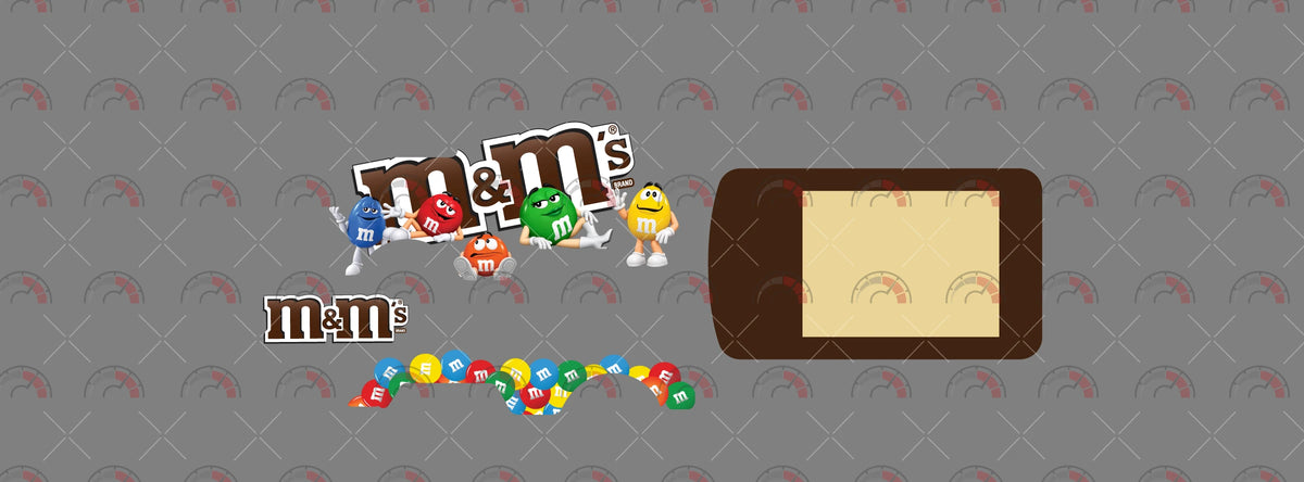 M&M 01 decal sheet for a 1:64 Kool Kombi, showing candy characters, brown wordmarks, loose
multicolored candy pieces and a brown roof border.