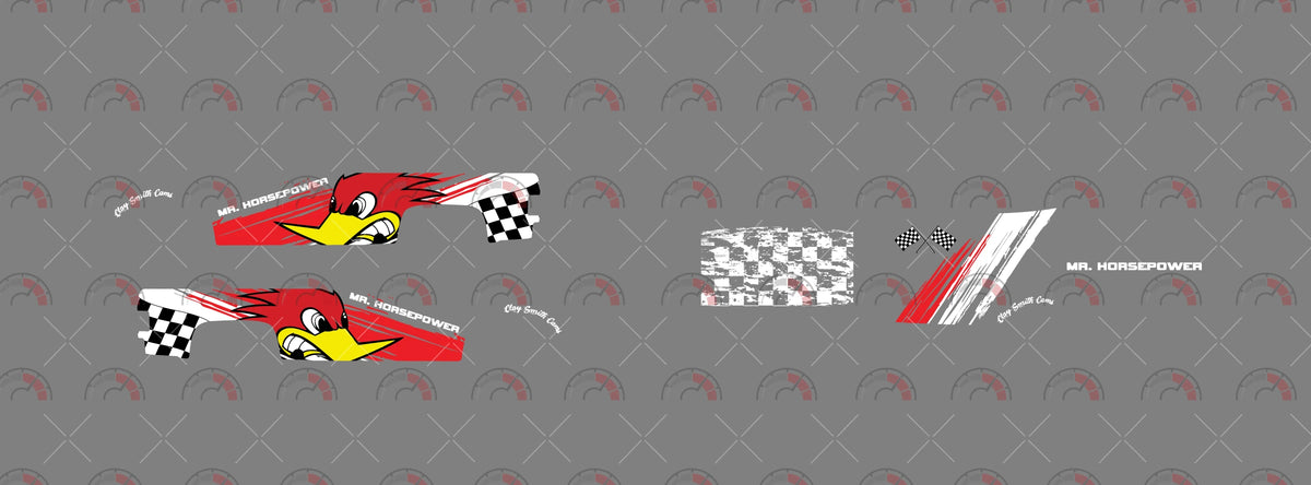 Mr.Horsepower 03 decal sheet for a 1:64 83 Chevy Silverado, with paired woodpecker side
graphics, distressed checkerboards and red-white bonnet strokes.