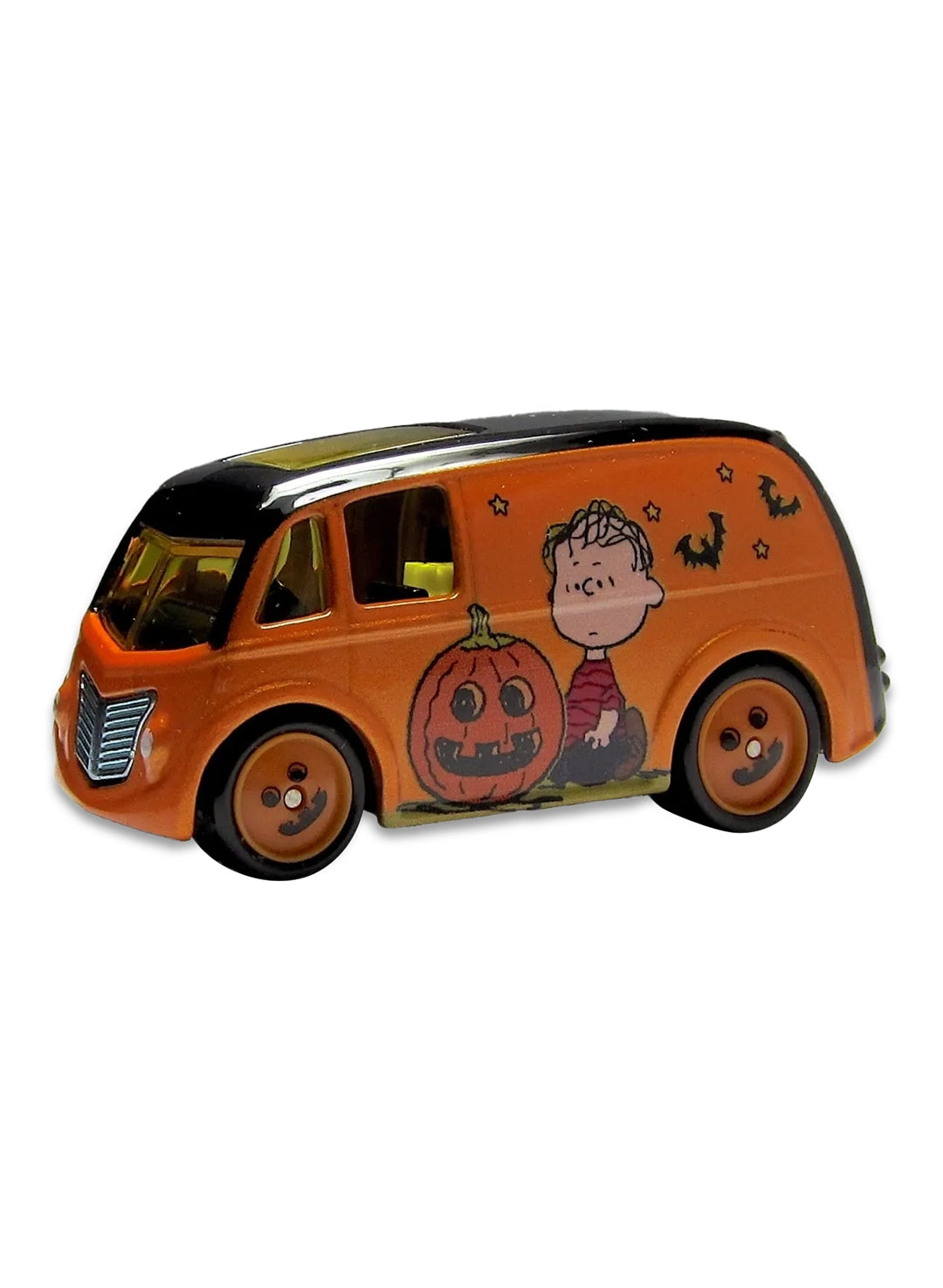 Close-up view of the orange Hot Wheels Peanuts Quick D-Livery van showing side trick-or-treat graphics and color-matched Real Riders wheels.