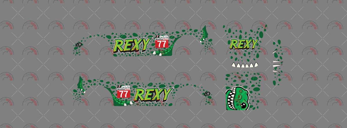 Rexy 02 decal sheet for a 1:64 Porsche 911 GT3 RS, showing green spots, yellow REXY text, red 77
panels, dinosaur head art and white spikes.