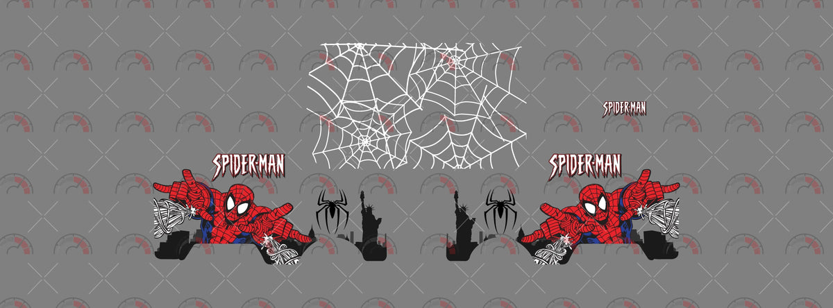 Spiderman 01 decal sheet for a 1:64 Kool Kombi, showing mirrored superhero side scenes,
black spider emblems, city silhouettes and a large white web panel.