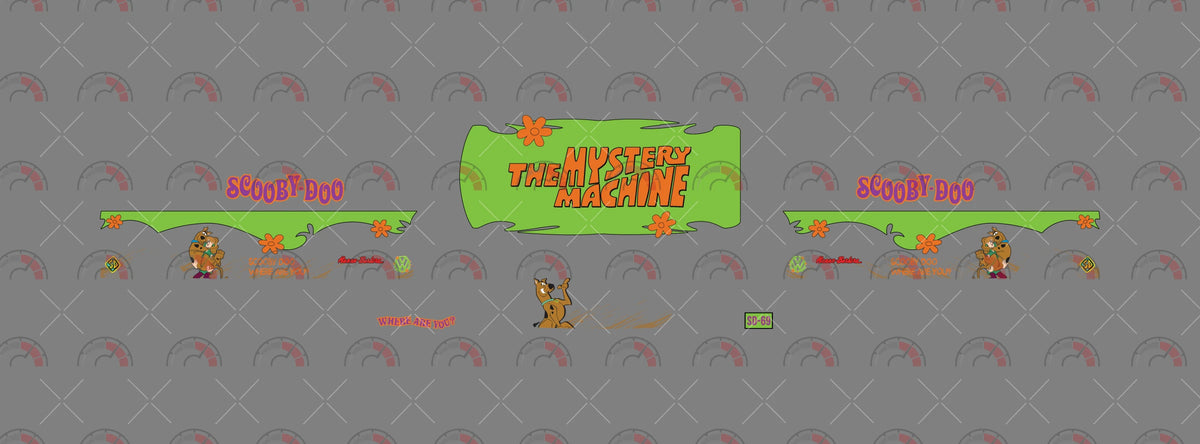 The Mystery Machine 06 decal sheet for a 1:64 VW Panel Bus, showing green flowered stripes,
Scooby-Doo characters and orange roof lettering