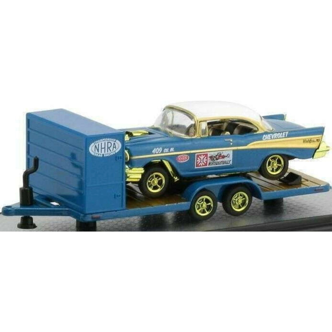 Two Axle Car Transport Trailer w/ Storage - Blue (NHRA Livery, Yellow Chrome Rims)