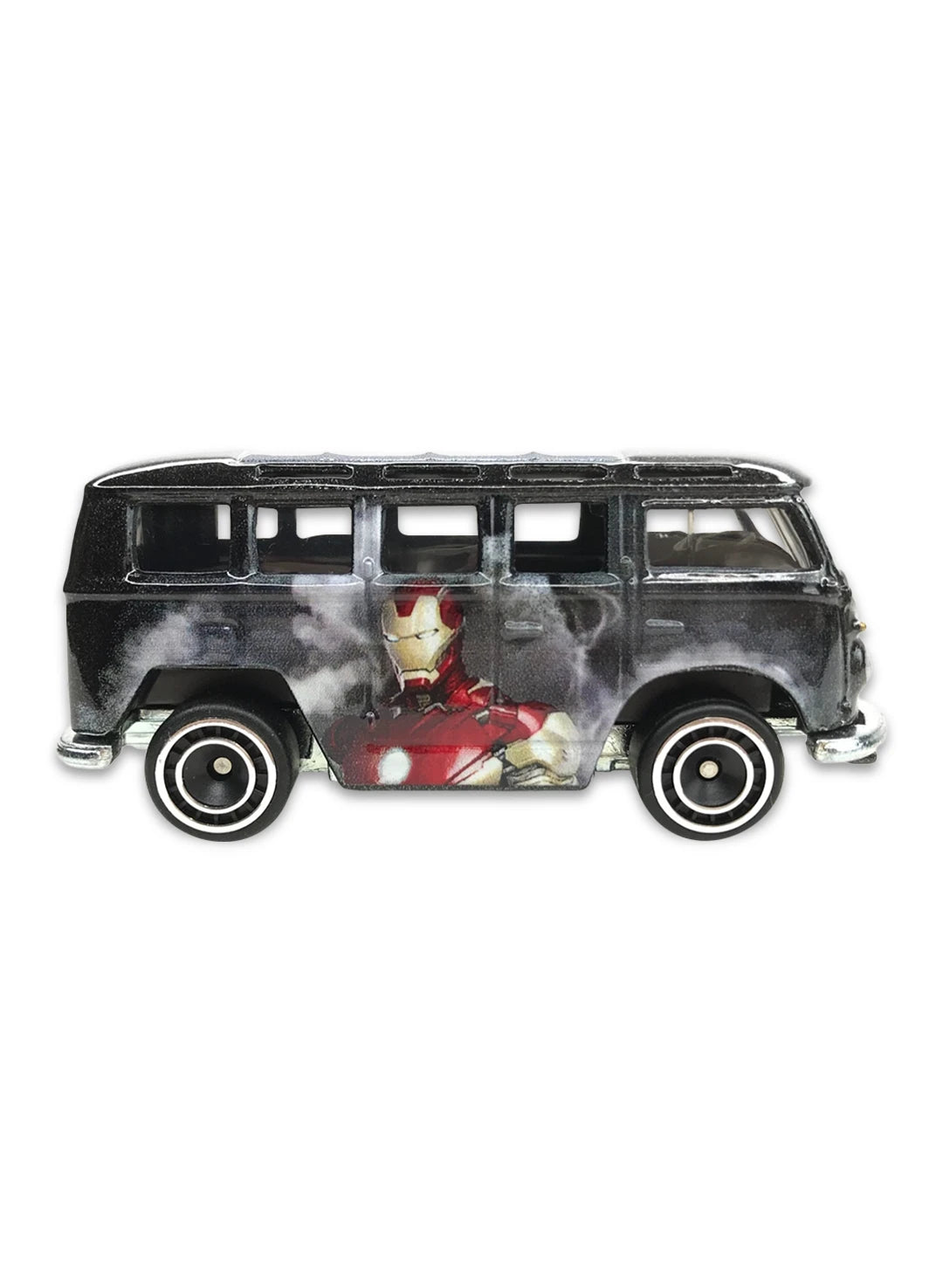 Close-up view of the metallic silver Hot Wheels Iron Man Volkswagen Deluxe Station Wagon showing armor graphics and black Real Riders wheels.