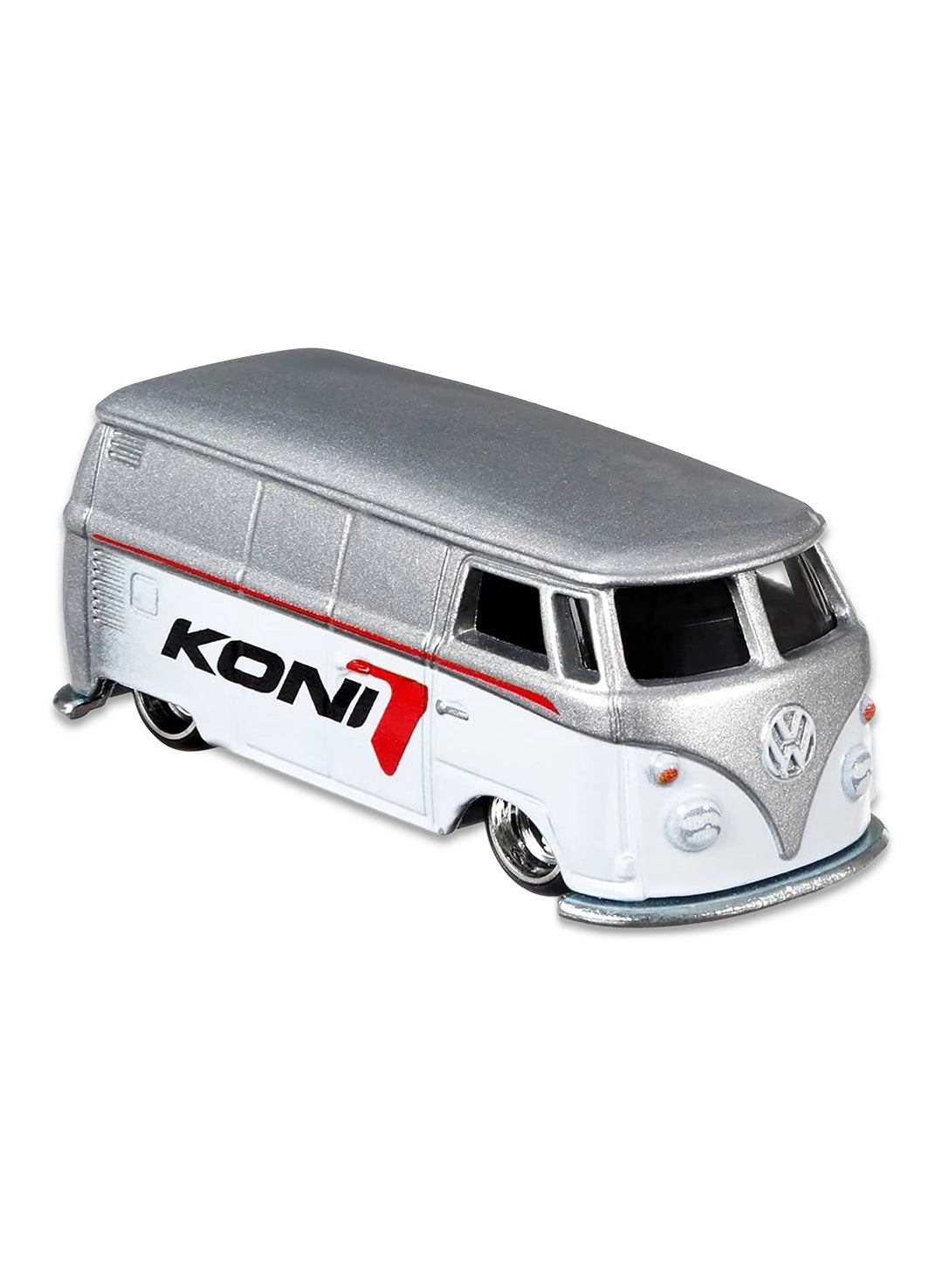 Close-up view of the unpainted silver ZAMAC Hot Wheels KONI Volkswagen T1 Panel Bus showing red logos and chrome wheels.