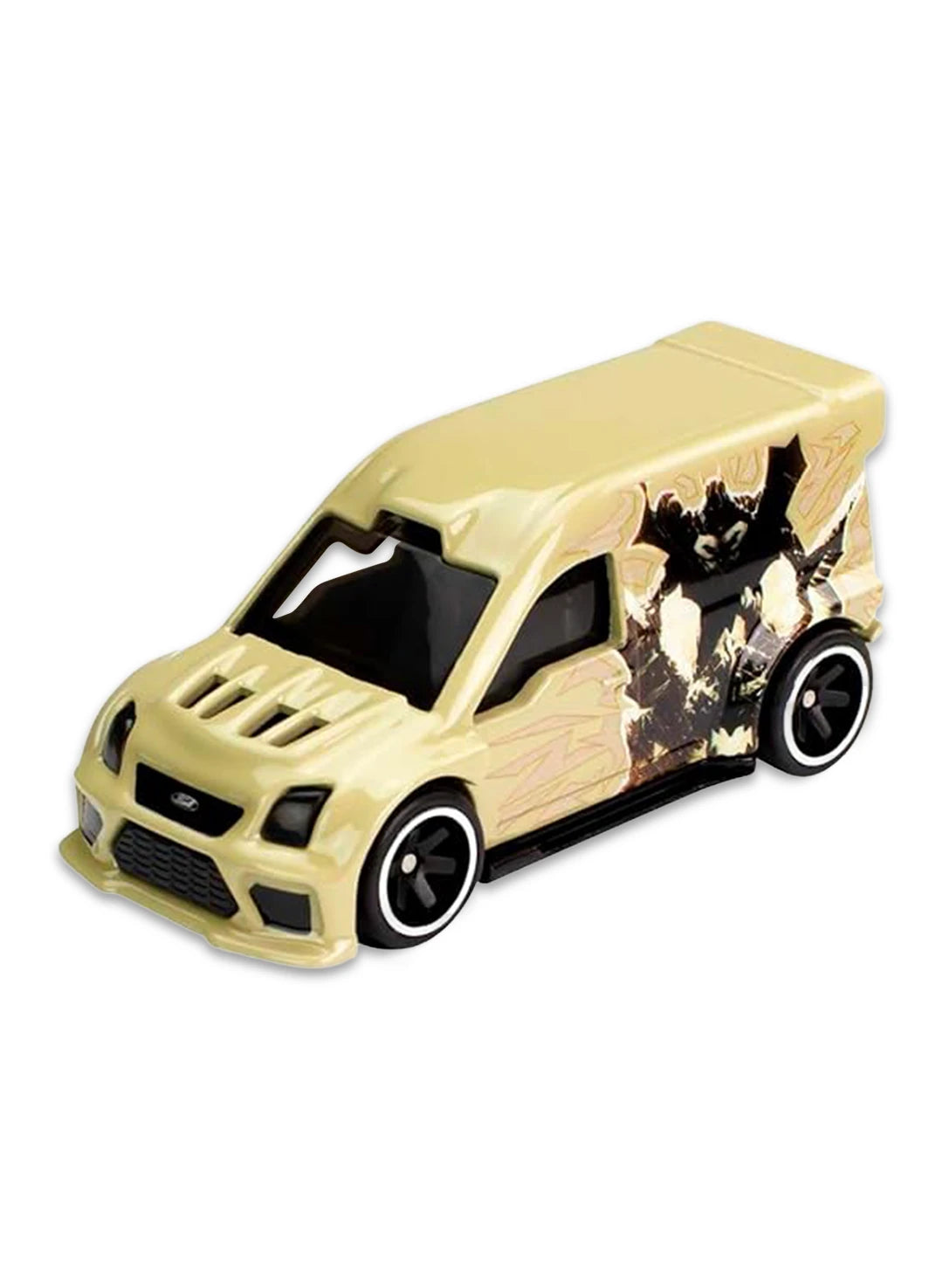 Close-up view of the beige Hot Wheels Batman Ford Transit Connect van showing comic silhouette graphics and black wheels.