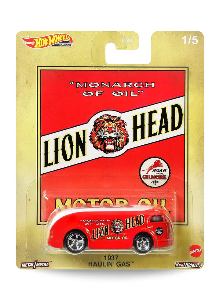Hot Wheels Pop Culture Vintage Oil Lion Head 1937 Haulin' Gas 1:64 scale premium diecast truck mint on its original retro yellow card.