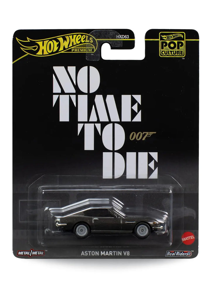 Hot Wheels Premium Pop Culture James Bond 007 Aston Martin V8 1:64 scale premium diecast car mint on its original No Time to Die movie themed blister card.