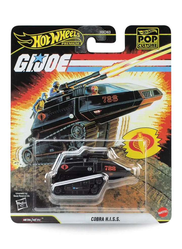 Hot Wheels Premium Pop Culture G.I. Joe Cobra H.I.S.S. tank vehicle mint on its original retro action cartoon themed blister card displaying an explosive battle scene illustration.