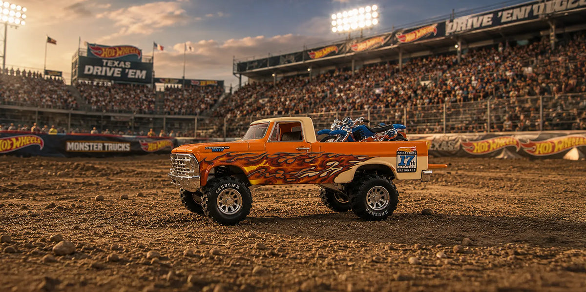 Hot Wheels convention collectible diecast truck at a motorsport arena
