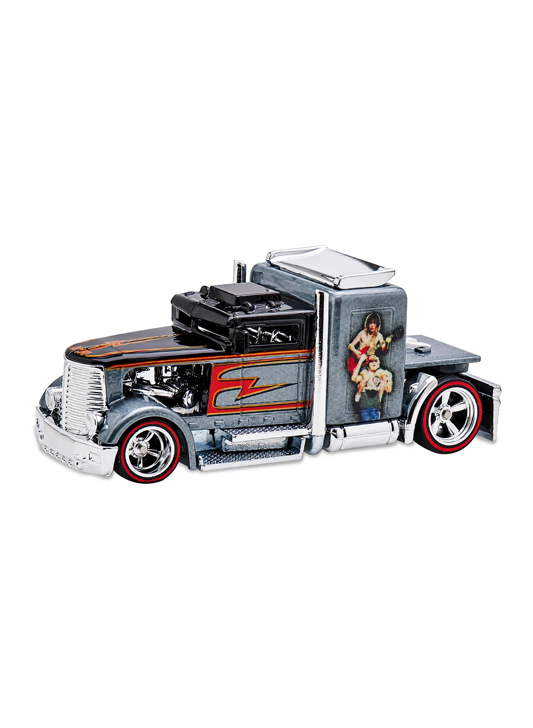Close-up view of the metalflake gray and black Hot Wheels 2013 AC/DC Convoy Custom truck showing side band member graphics and redline Real Riders wheels.