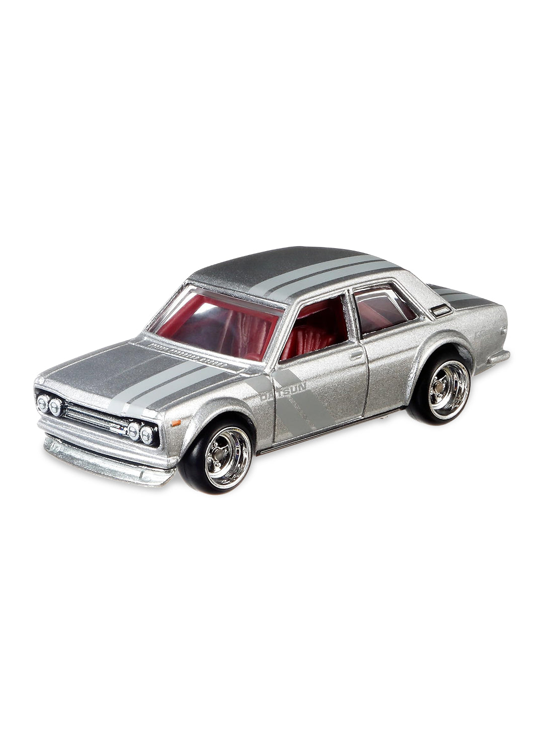 Close-up view of the metallic silver Hot Wheels Japan Historics 2 Datsun Bluebird 510 sedan showing clean side stripes and chrome wheels.