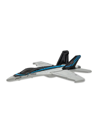Close-up view of the white Hot Wheels Top Gun Maverick F/A-18E Super Hornet jet showing side blue striping, a dark grey cockpit canopy, and detailed wing insignias.