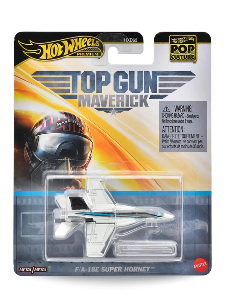 Hot Wheels Premium Pop Culture Top Gun Maverick F/A-18E Super Hornet premium diecast jet fighter mint on its original movie-themed aviation blister card.