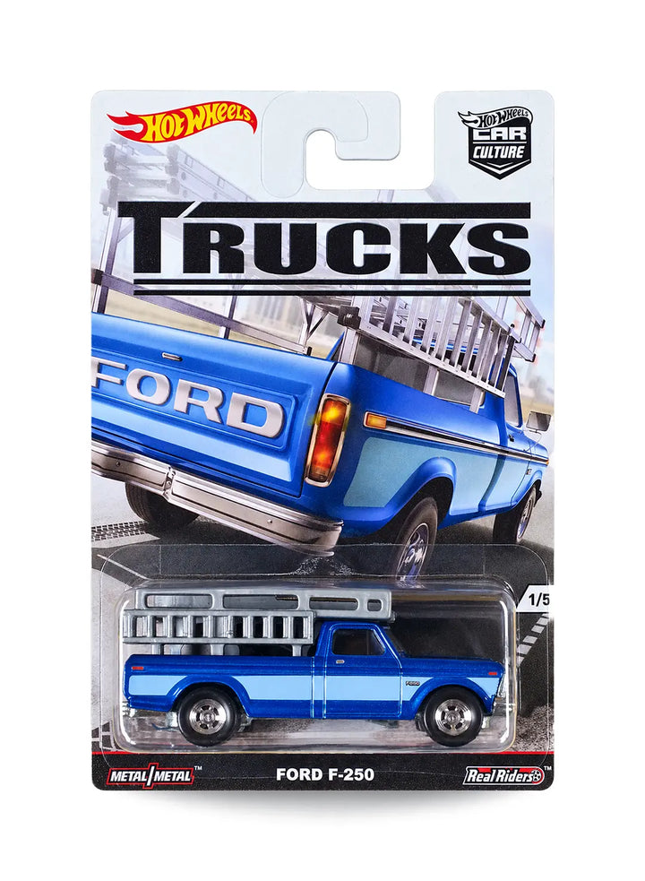 Hot Wheels Car Culture Trucks Ford F-250 1:64 scale premium diecast utility truck mint on its original 1/5 numbered series blister card showing a blue vintage pickup carrying ladders.