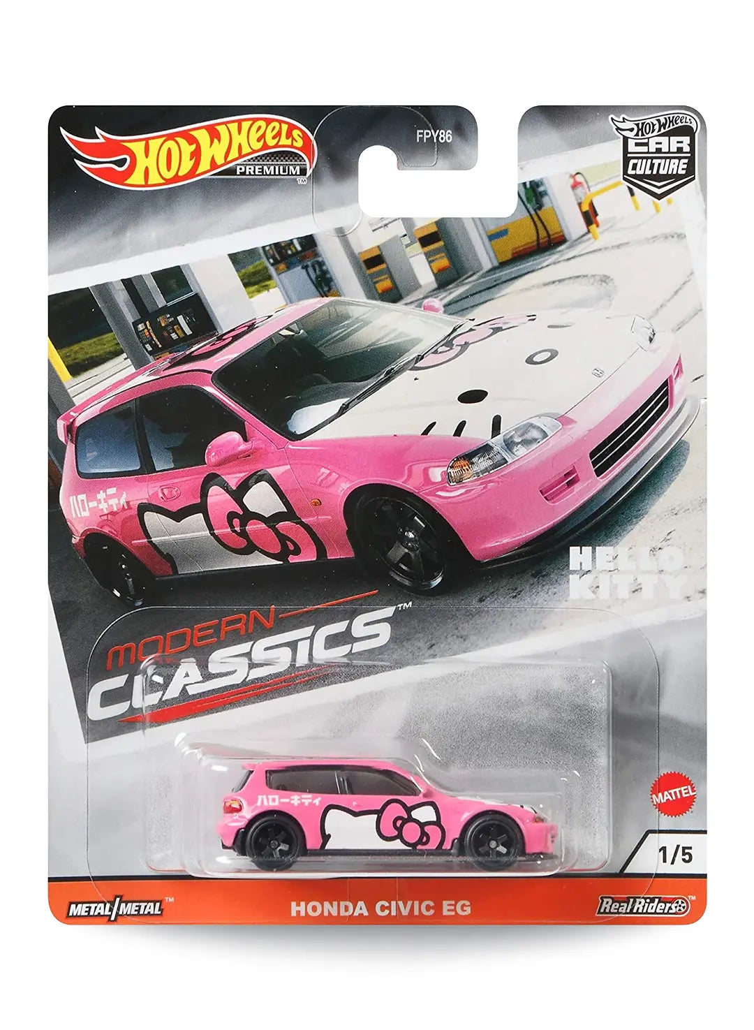 Hot Wheels Car Culture Modern Classics Honda Civic EG 1:64 scale premium diecast car mint on its original highly collectible 1/5 variant blister card featuring a distinct pink Hello Kitty racing livery and themed card art.