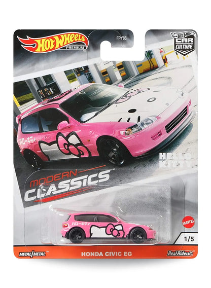 Hot Wheels Car Culture Modern Classics Honda Civic EG 1:64 scale premium diecast car mint on its original highly collectible 1/5 variant blister card featuring a distinct pink Hello Kitty racing livery and themed card art.