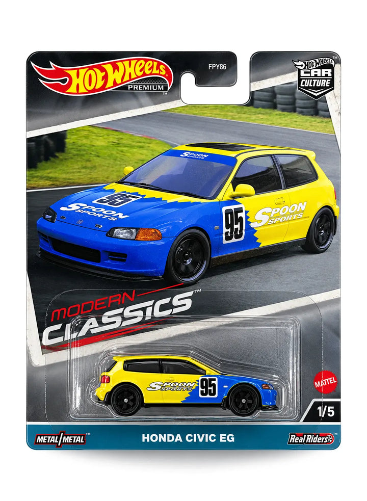 Hot Wheels Car Culture Modern Classics Honda Civic EG 1:64 scale premium diecast car mint on its original highly collectible 1/5 variant blister card featuring a vibrant yellow color palette and detailed race track card art.