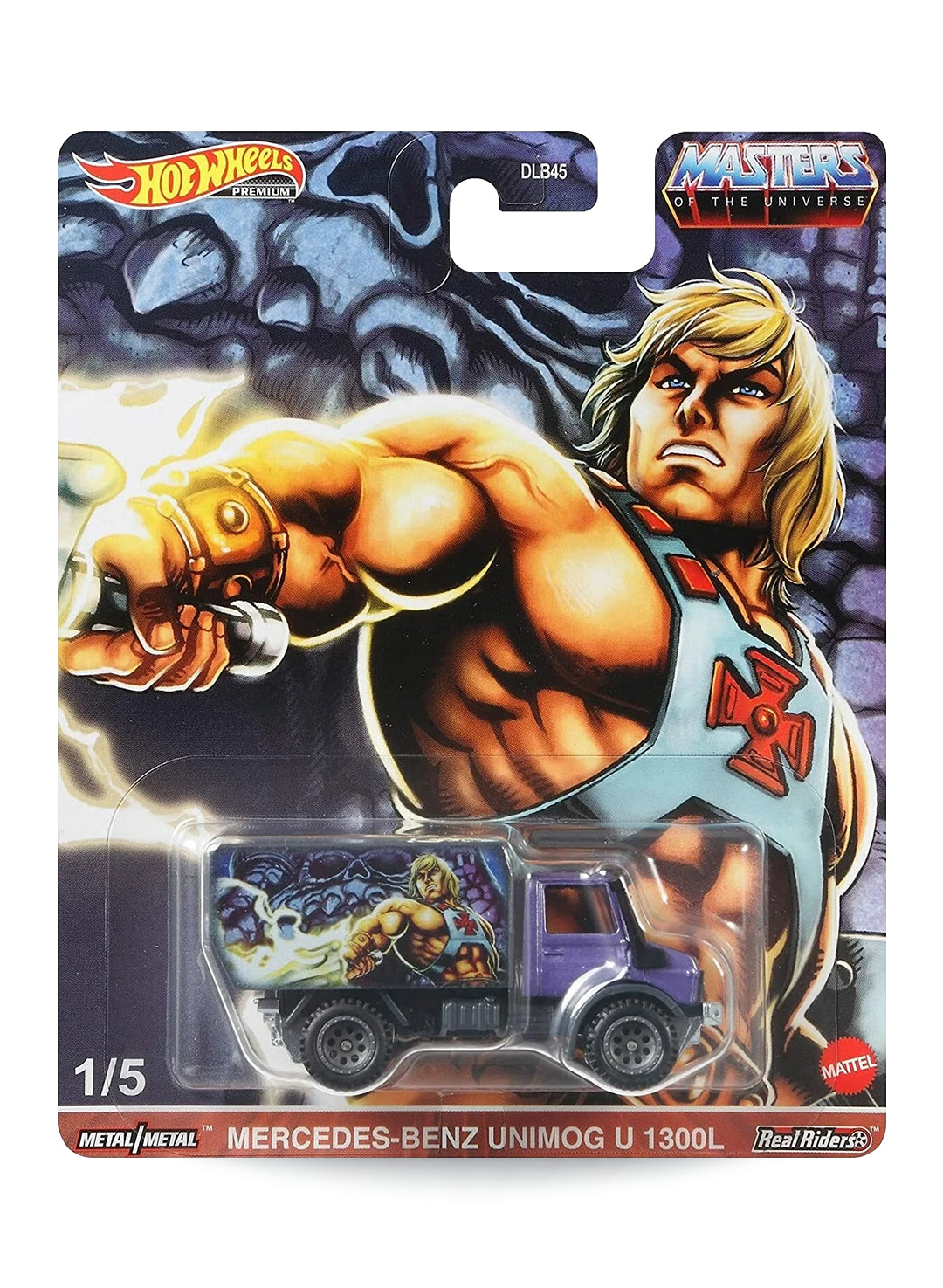 Hot Wheels Pop Culture Masters of the Universe He-Man Mercedes-Benz Unimog U 1300L 1:64 scale premium diecast truck mint on its original Castle Grayskull card.