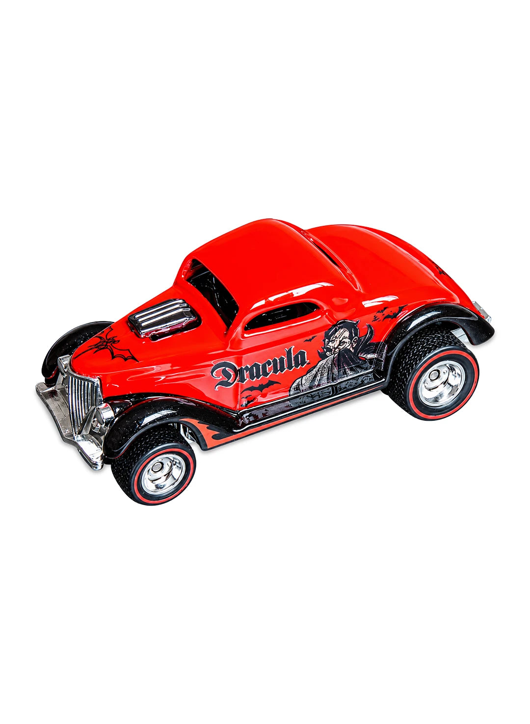 Close-up view of the candy red Hot Wheels 2013 Universal Monsters Dracula Neet Streeter showing side graphics and redline Real Riders wheels.