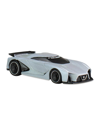 Close-up view of the metallic silver Hot Wheels Nissan Concept 2020 Vision Gran Turismo supercar showing a large carbon fiber style rear wing and black split-spoke Real Riders wheels.