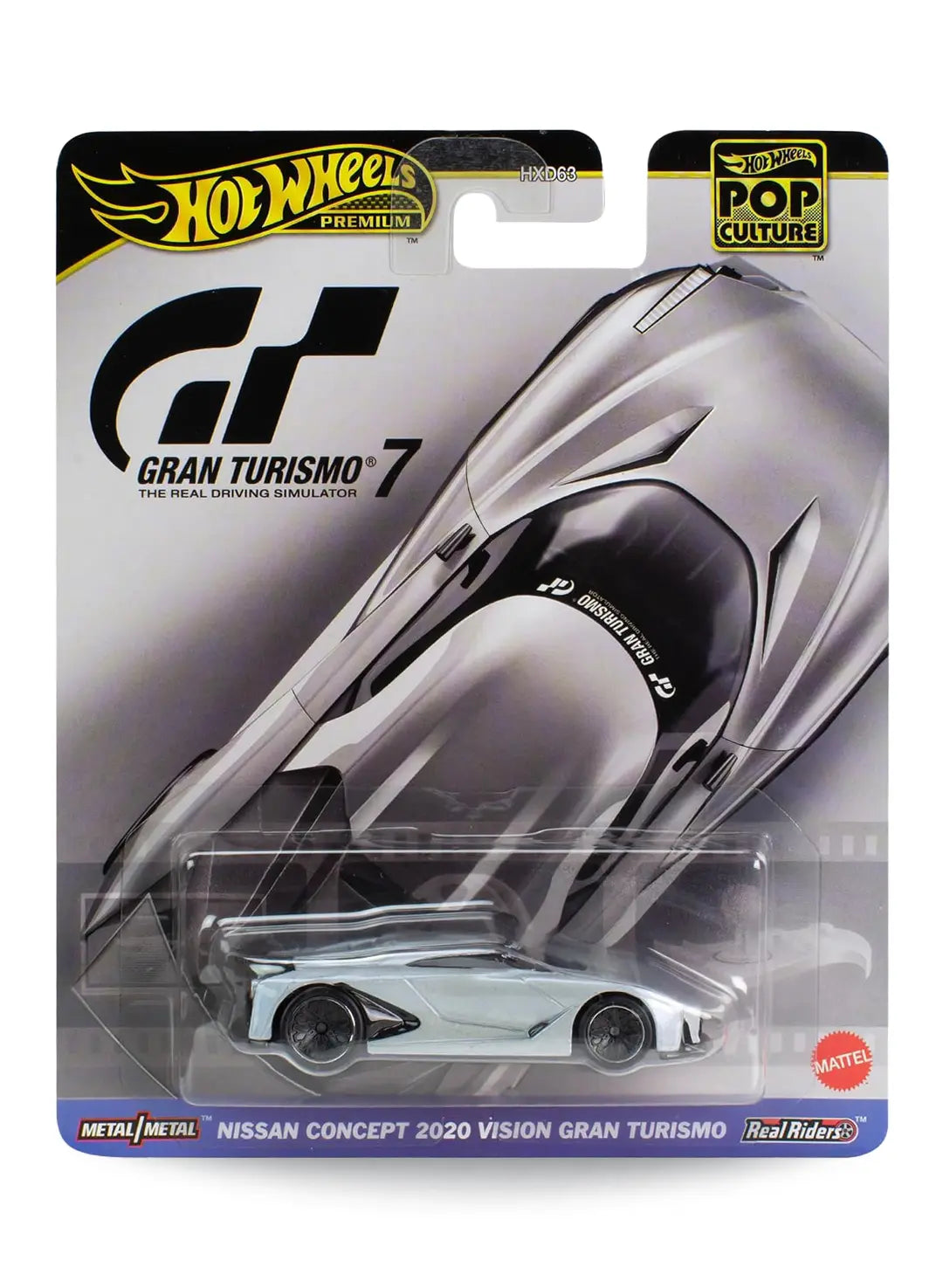 Hot Wheels Premium Pop Culture Nissan Concept 2020 Vision Gran Turismo 1:64 scale premium diecast car mint on its original Gran Turismo 7 video game themed blister card.