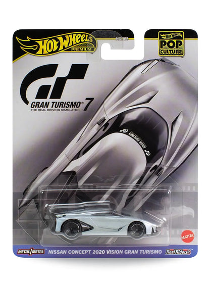 Hot Wheels Premium Pop Culture Nissan Concept 2020 Vision Gran Turismo 1:64 scale premium diecast car mint on its original Gran Turismo 7 video game themed blister card.