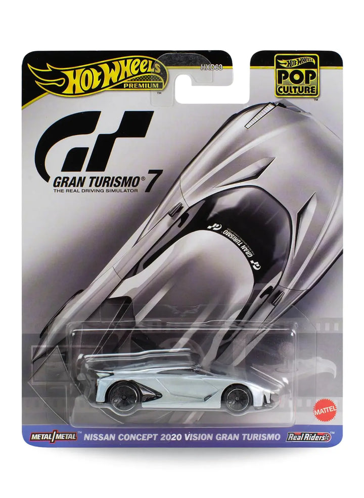 Hot Wheels Premium Pop Culture Nissan Concept 2020 Vision Gran Turismo 1:64 scale premium diecast car mint on its original Gran Turismo 7 video game themed blister card.