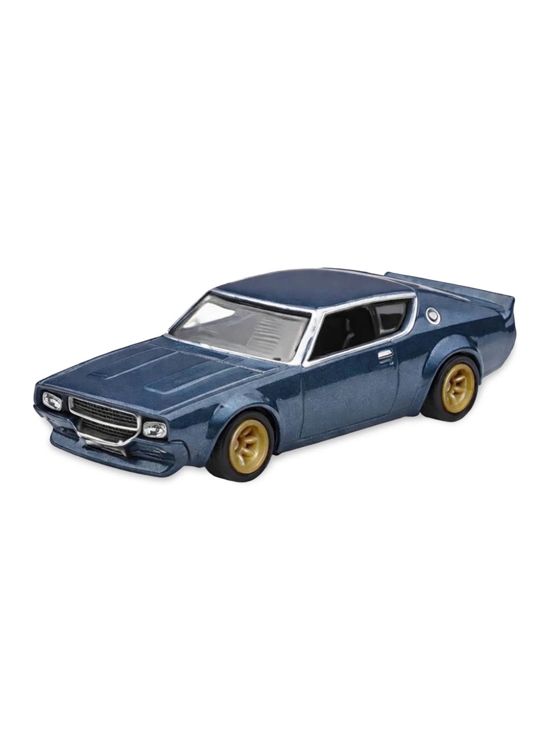 Close-up view of the metalflake dark blue Hot Wheels Nissan Skyline 2000GT-R LBWK car showing widebody fenders and copper-colored multi-spoke Real Riders wheels.