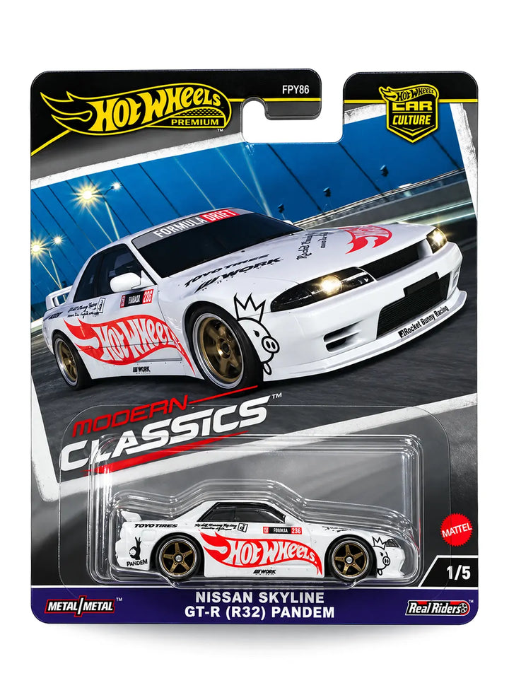 Hot Wheels Car Culture Modern Classics Nissan Skyline GT-R (R32) Pandem 1:64 scale premium diecast car mint on its original highly collectible 1/5 variant blister card highlighting the new casting introduction and clean white tuner body artwork.
