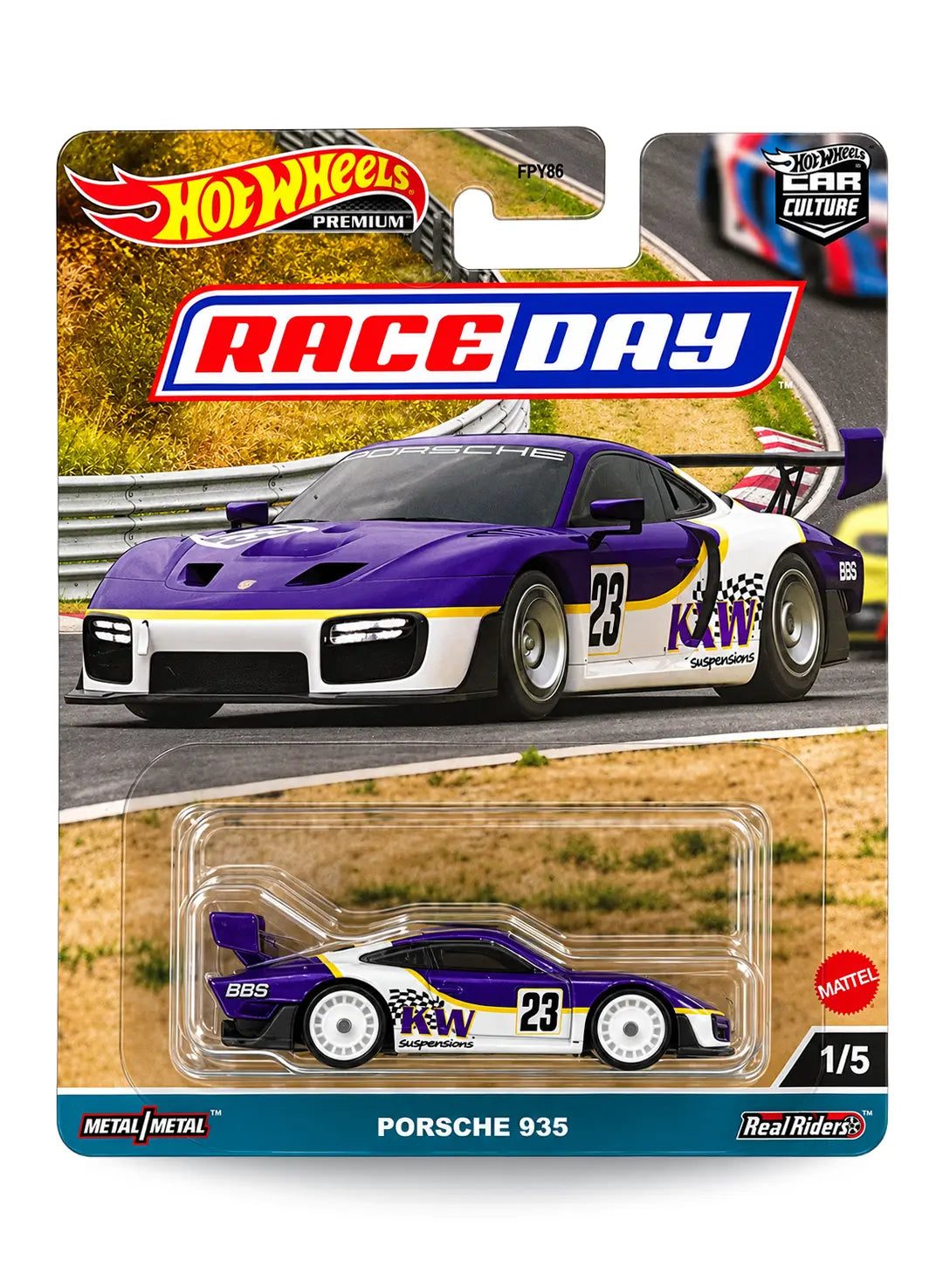 Hot Wheels Car Culture Race Day Porsche 935 1:64 scale premium diecast car mint on its original highly collectible 1/5 variant blister card featuring a crisp white racing livery and premium card art.