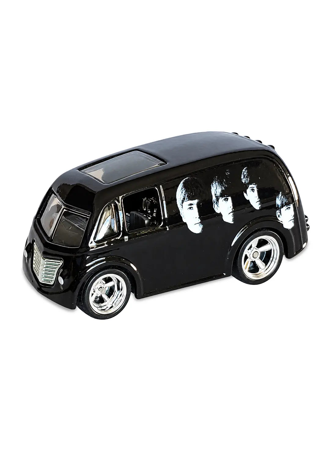 Close-up view of the gloss black Hot Wheels The Beatles Quick D-Livery van showing side band portrait graphics and chrome wheels.