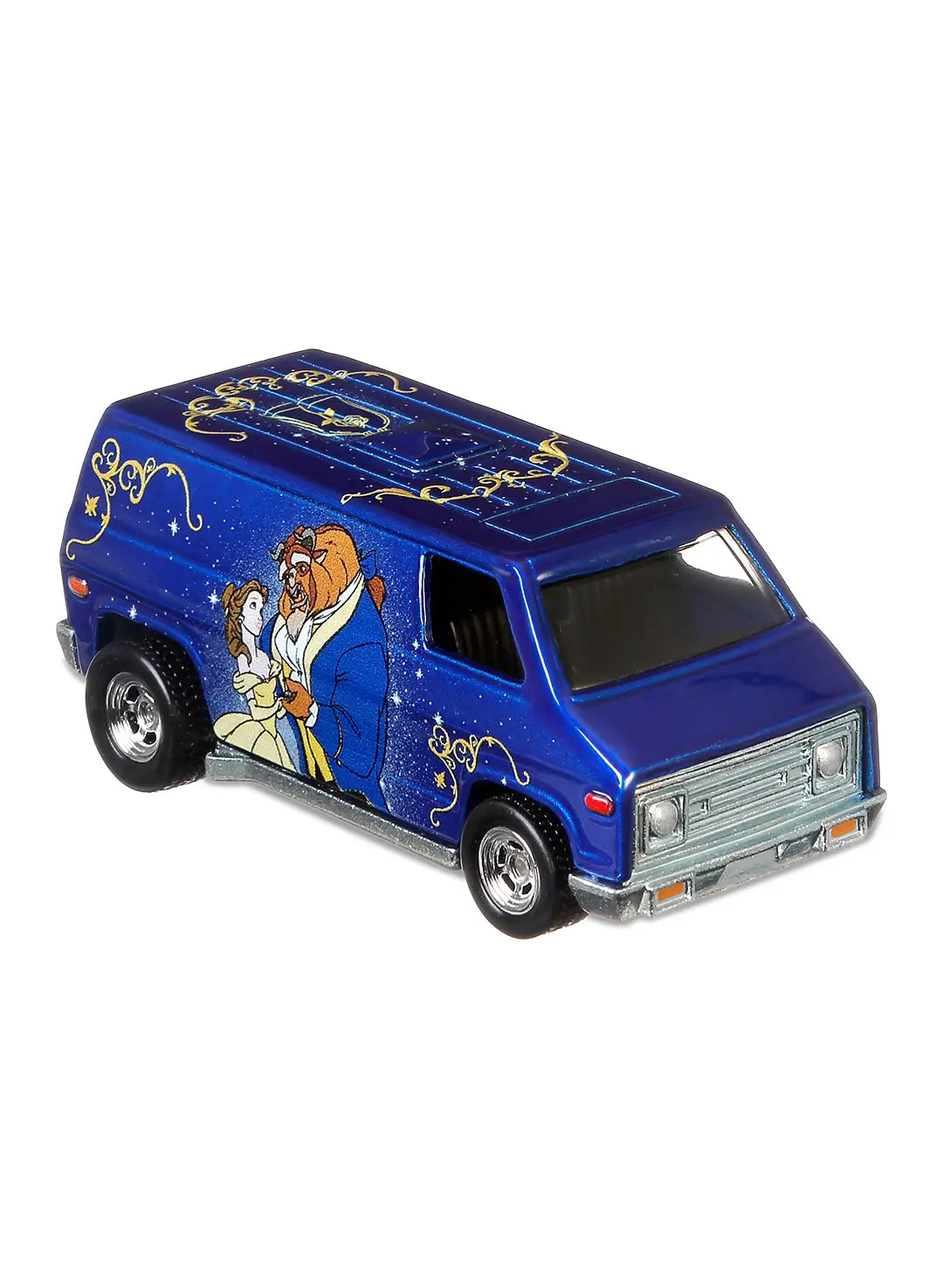 Close-up view of the metallic dark blue Hot Wheels Beauty and the Beast Super Van showing side graphics and chrome Real Riders wheels.