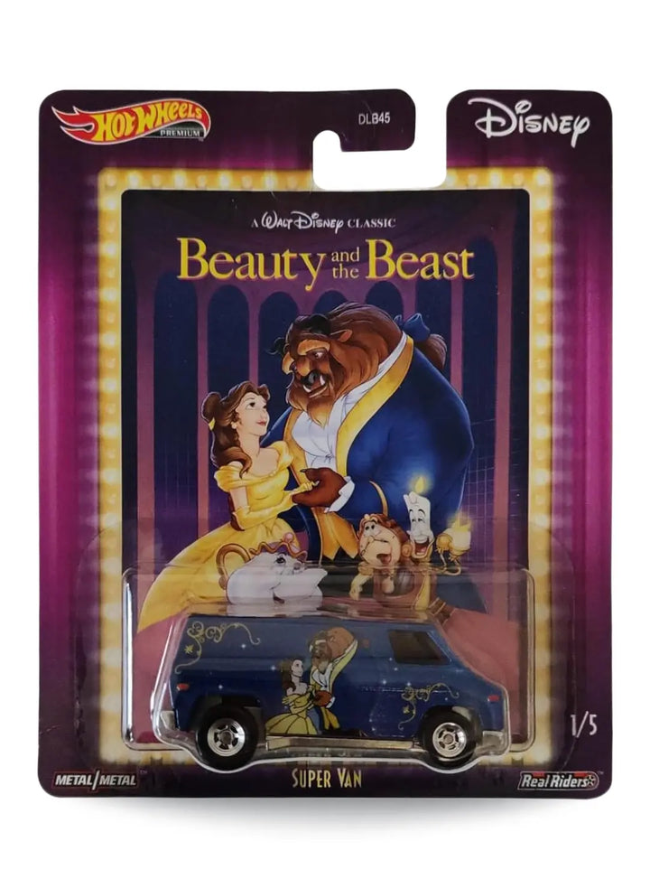 Hot Wheels Pop Culture Disney Beauty and the Beast Super Van 1:64 scale premium diecast van mint on its original retro movie marquee card.