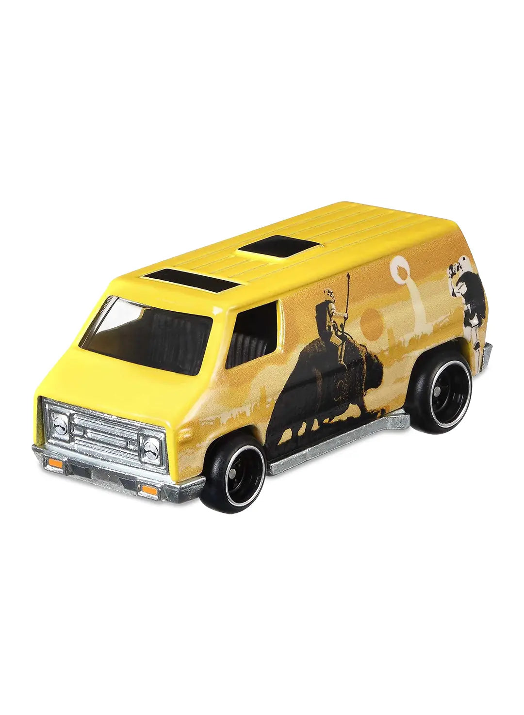 Close-up view of the yellow Hot Wheels Sandtrooper Super Van showing side Dewback graphics and black Real Riders wheels.