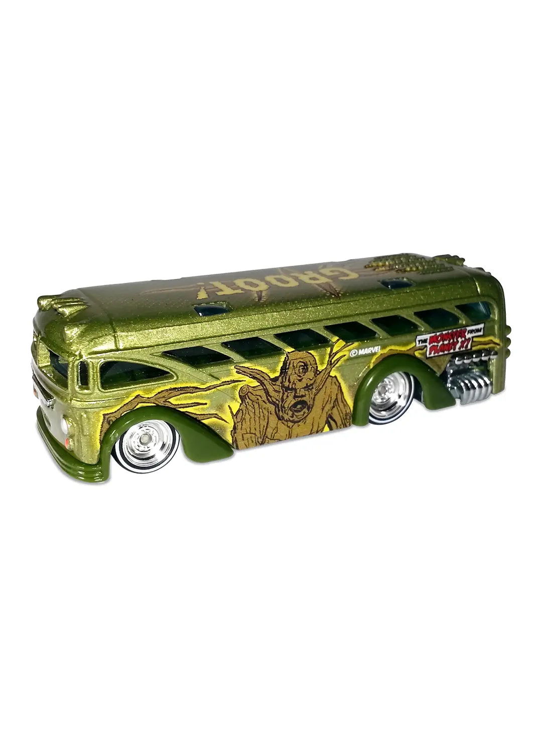 Close-up view of the metalflake olive green Hot Wheels Groot Surfin' School Bus showing side wood creature graphics and white-line Real Riders wheels.