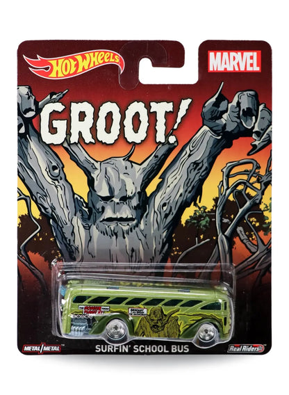 Hot Wheels Pop Culture Marvel Groot Surfin' School Bus 1:64 scale diecast model mint on its original comic art blister card.