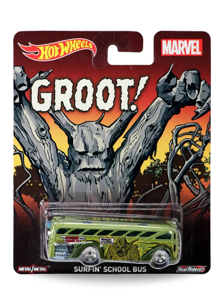Hot Wheels Pop Culture Marvel Groot Surfin' School Bus 1:64 scale diecast model mint on its original comic art blister card.