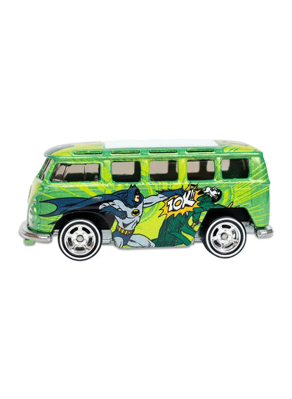 Close-up view of the metalflake green Hot Wheels The Joker Volkswagen Custom Deluxe Wagon showing side laughter graphics and chrome Real Riders wheels.